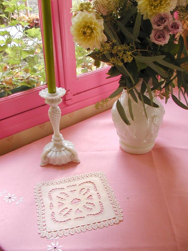 Lovely hand-made Richelieu embroidered doily with croquet lace