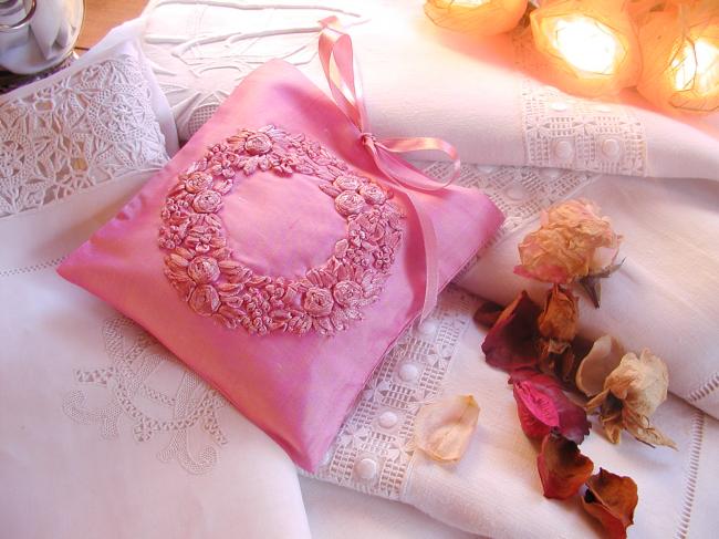 Luxureous silk lavander sachet with hand-embroidered ribbon flowers crown , pink