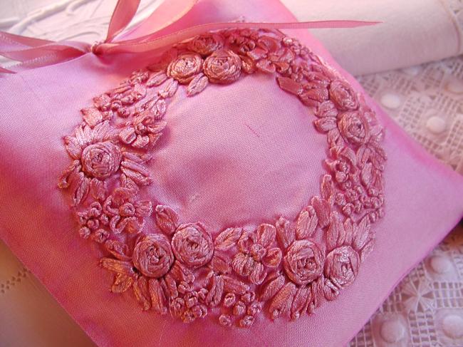 Luxureous silk lavander sachet with hand-embroidered ribbon flowers crown , pink