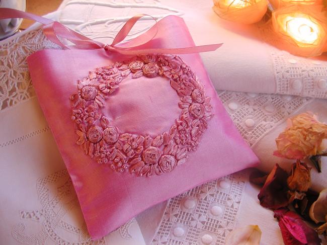 Luxureous silk lavander sachet with hand-embroidered ribbon flowers crown , pink