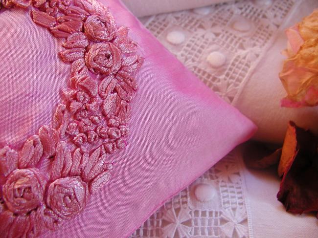 Luxureous silk lavander sachet with hand-embroidered ribbon flowers crown , pink