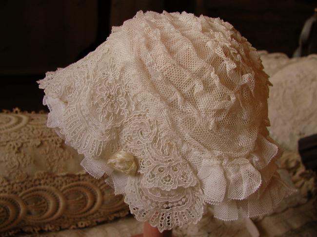 Exceptional doll bonnet with hand-made Point d'Alençon lace 1870