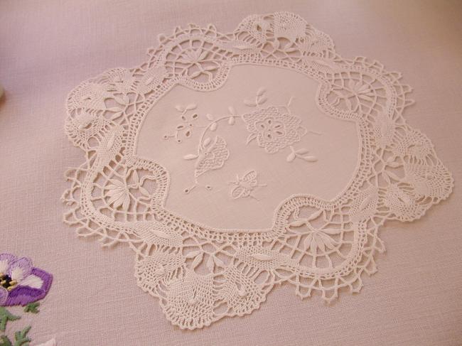 Romantic doily with Cluny lace and white embroidery with butterfly