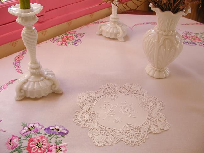 Romantic doily with Cluny lace and white embroidery with butterfly