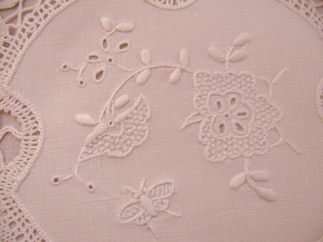 Romantic doily with Cluny lace and white embroidery with butterfly