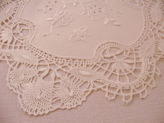 Romantic doily with Cluny lace and white embroidery with butterfly