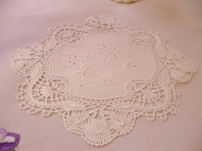 Romantic doily with Cluny lace and white embroidery with butterfly