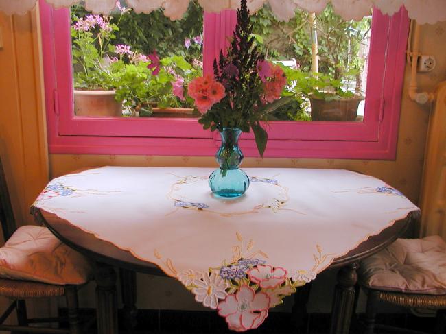 Gorgeous colourful embroidered tablecloth with wheat and summer flowers