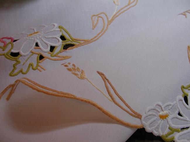 Gorgeous colourful embroidered tablecloth with wheat and summer flowers