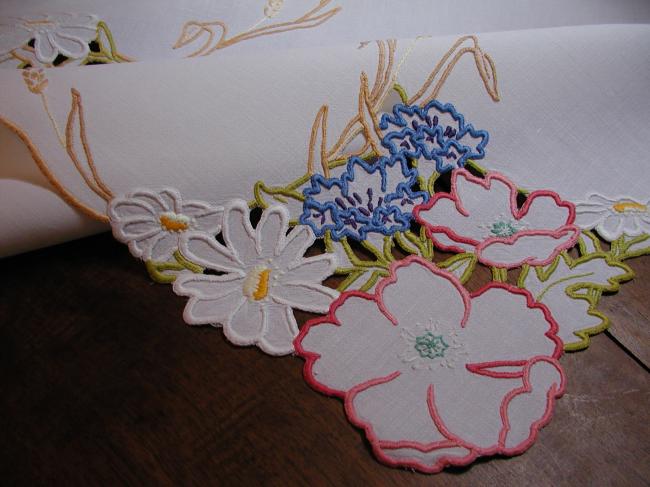 Gorgeous colourful embroidered tablecloth with wheat and summer flowers