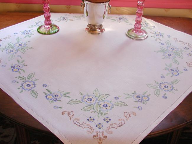 Really beautiful tablecloth with hand-embroidered blue flowers