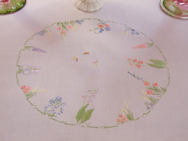 Really lovely tablecloth with embroidered summer flowers & butterfly in a garden