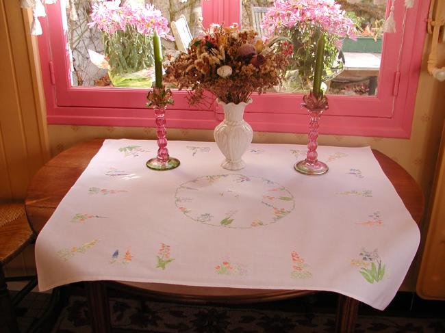 Really lovely tablecloth with embroidered summer flowers & butterfly in a garden