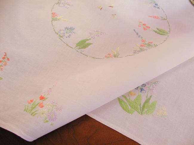 Really lovely tablecloth with embroidered summer flowers & butterfly in a garden