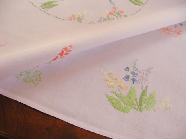 Really lovely tablecloth with embroidered summer flowers & butterfly in a garden