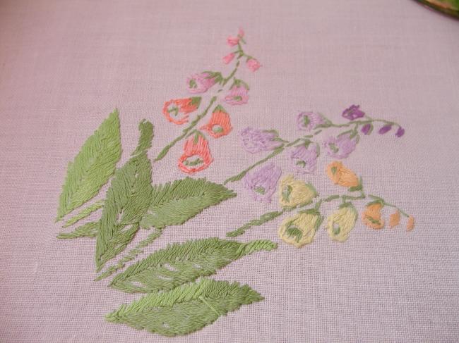 Really lovely tablecloth with embroidered summer flowers & butterfly in a garden