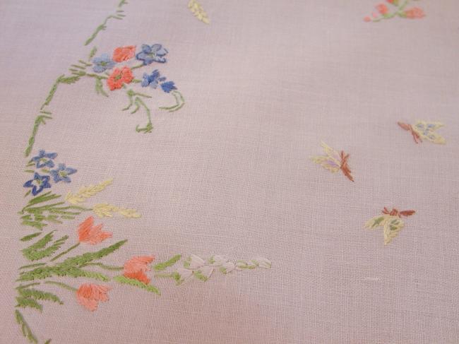 Really lovely tablecloth with embroidered summer flowers & butterfly in a garden