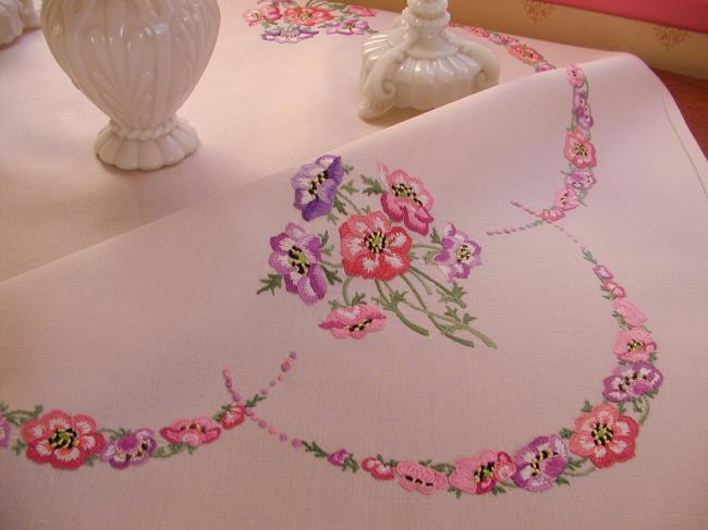 Breathtaking tablecloth with hand-embroidered  bouquets & garlands of anemones