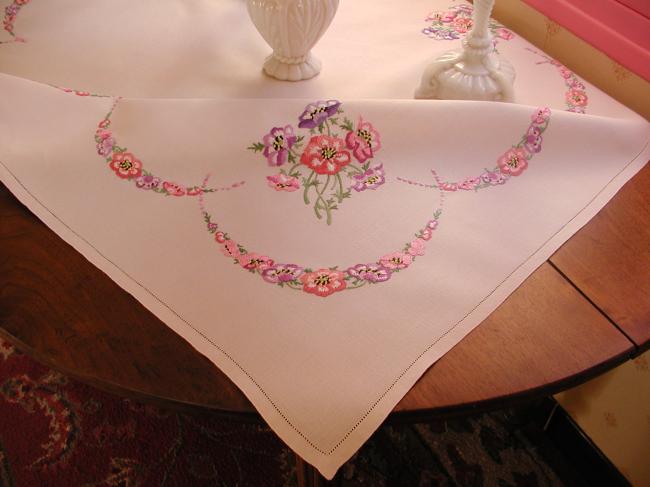 Breathtaking tablecloth with hand-embroidered  bouquets & garlands of anemones