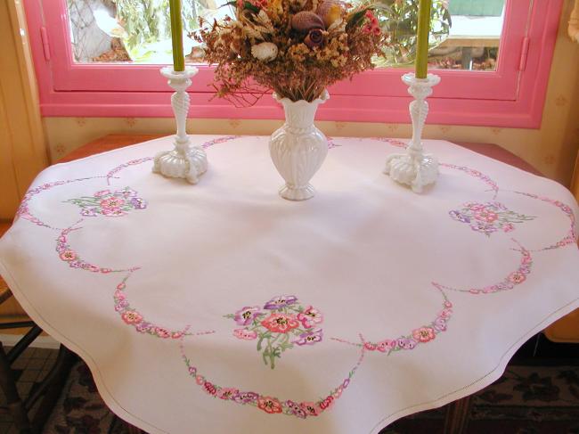 Breathtaking tablecloth with hand-embroidered  bouquets & garlands of anemones