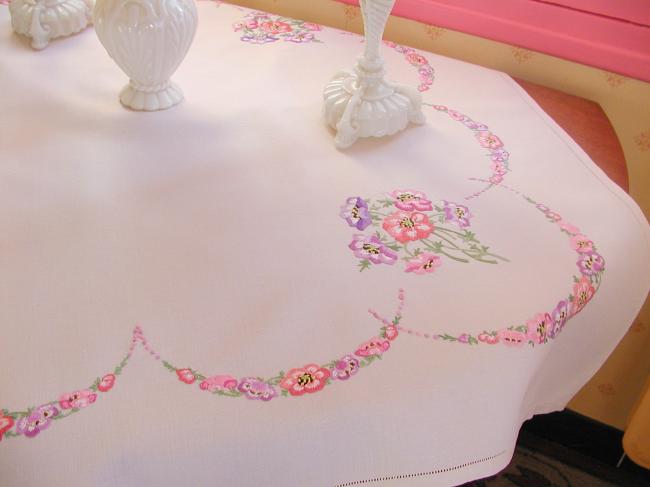 Breathtaking tablecloth with hand-embroidered  bouquets & garlands of anemones