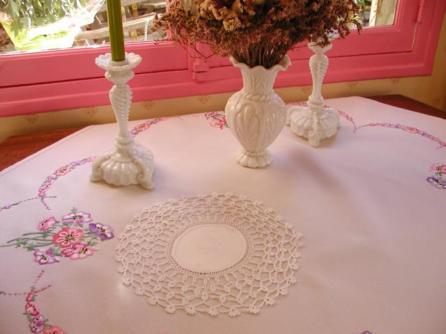 Gorgeous doily in damask with wild rose and crochet lace