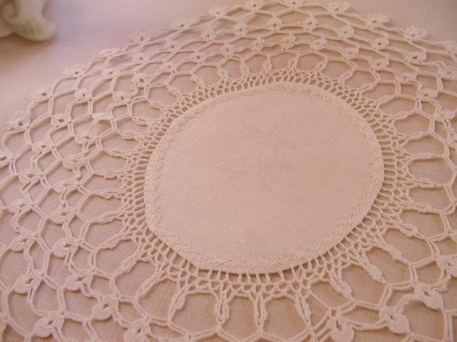 Gorgeous doily in damask with wild rose and crochet lace