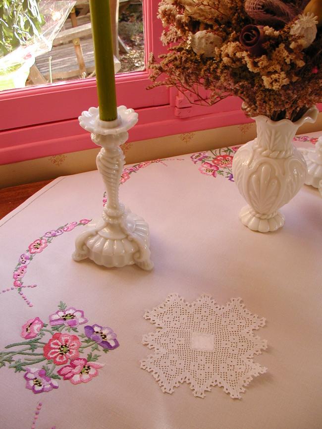 So pretty doily in damask with polka dots and crochet lace