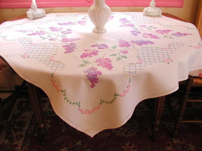 Breathtaking tablecloth with hand-embroidered blooming Lilac tree