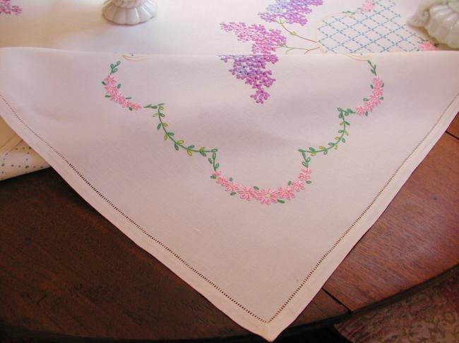 Breathtaking tablecloth with hand-embroidered blooming Lilac tree