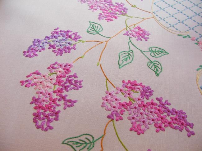 Breathtaking tablecloth with hand-embroidered blooming Lilac tree