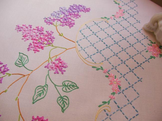 Breathtaking tablecloth with hand-embroidered blooming Lilac tree