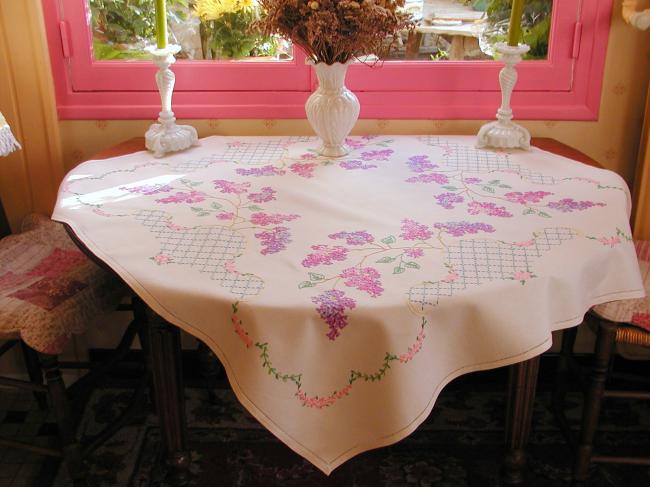 Breathtaking tablecloth with hand-embroidered blooming Lilac tree