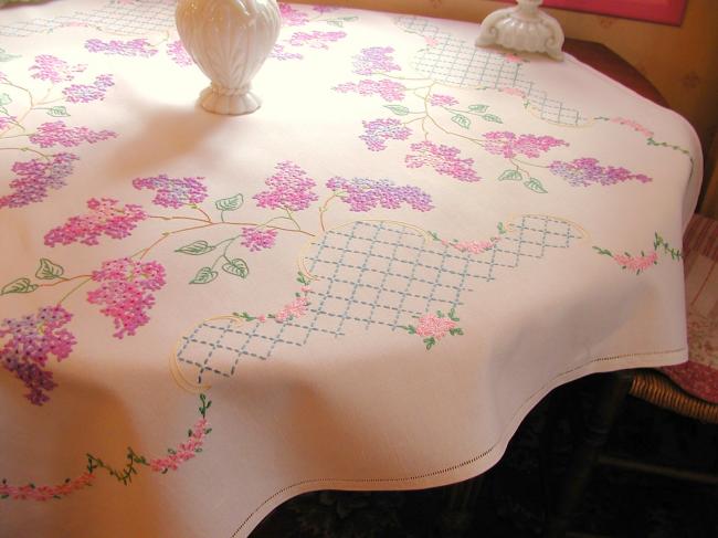 Breathtaking tablecloth with hand-embroidered blooming Lilac tree