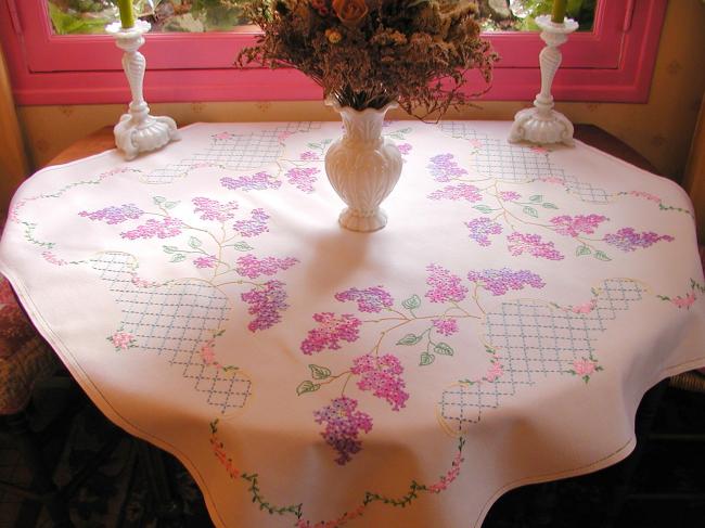 Breathtaking tablecloth with hand-embroidered blooming Lilac tree