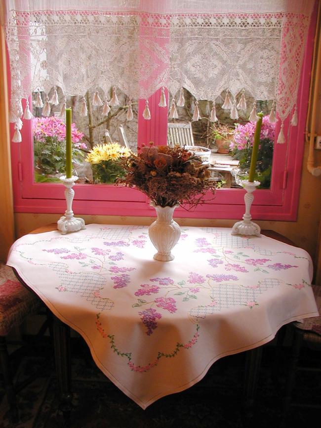 Breathtaking tablecloth with hand-embroidered blooming Lilac tree