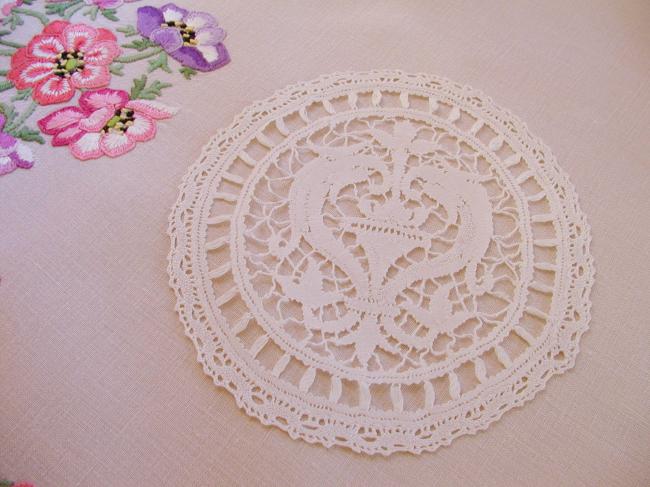 Fantastic round doily in fine  bobbin lace with Dolphins & fleurs de Lys  1890