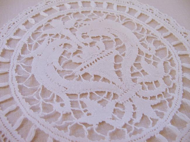 Fantastic round doily in fine  bobbin lace with Dolphins & fleurs de Lys  1890