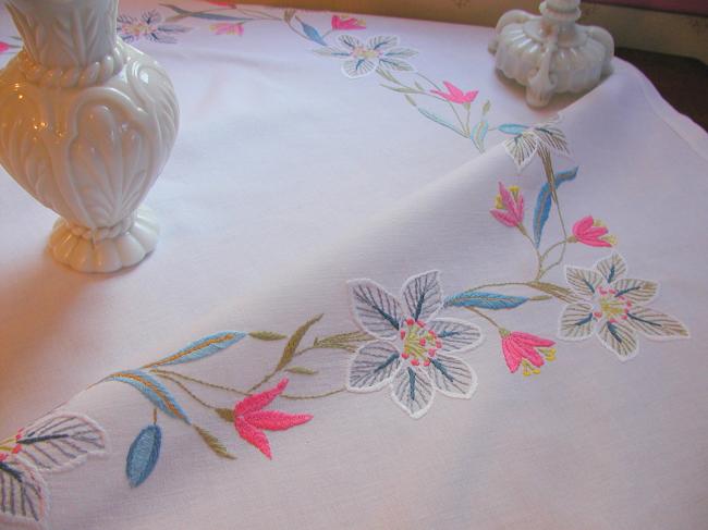 Lovely  tablecloth with hand-embroidered  flowers