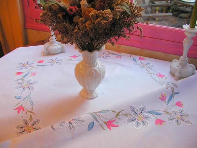 Lovely  tablecloth with hand-embroidered  flowers