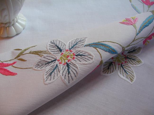 Lovely  tablecloth with hand-embroidered  flowers