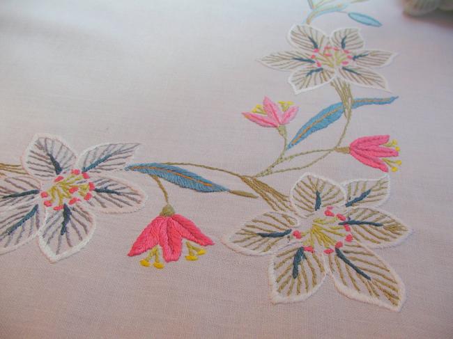 Lovely  tablecloth with hand-embroidered  flowers