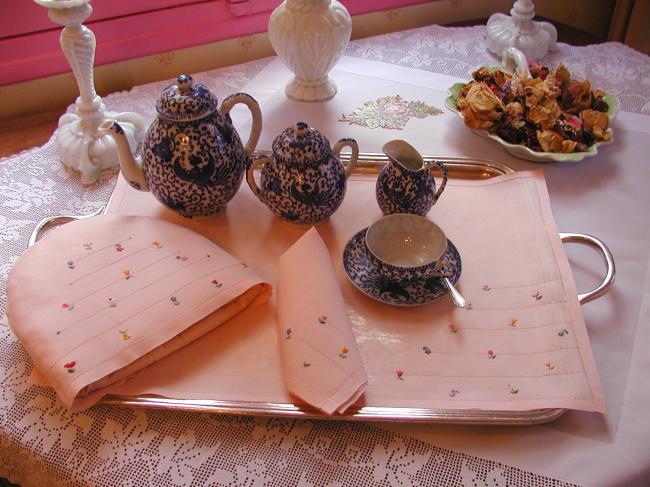 Adorable set for breakfast in bed, with tea-cosy in salmon pink &hand-embroidery