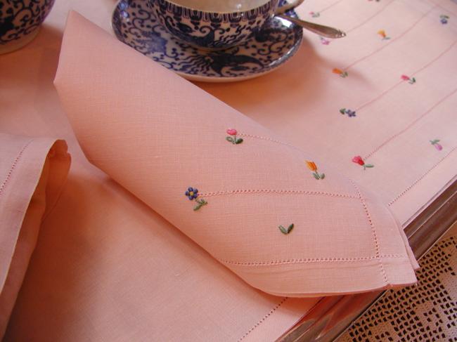 Adorable set for breakfast in bed, with tea-cosy in salmon pink &hand-embroidery