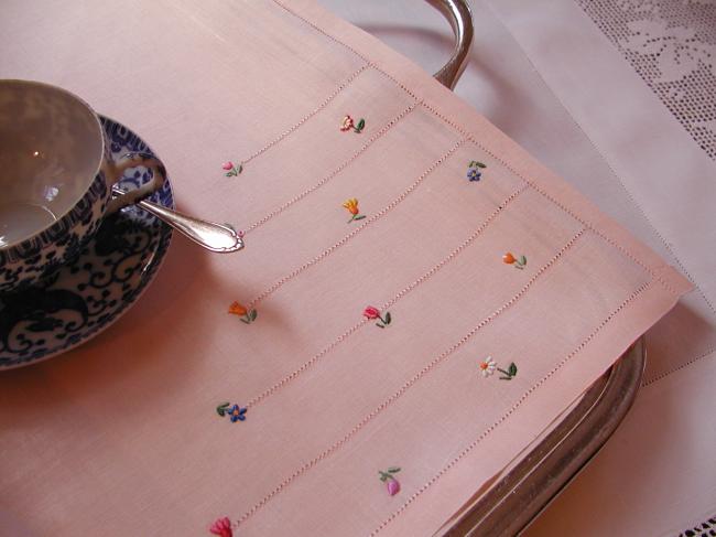 Adorable set for breakfast in bed, with tea-cosy in salmon pink &hand-embroidery