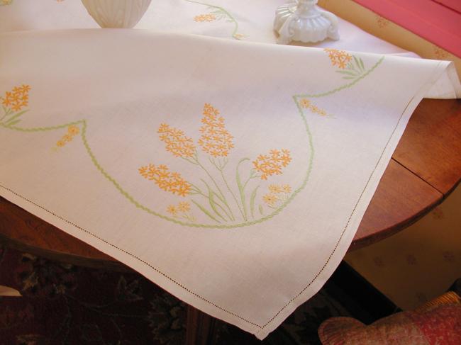 Really stunning tablecloth with hand-embroidered yellow hyacinth