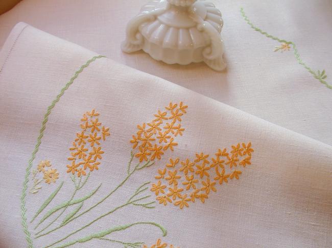 Really stunning tablecloth with hand-embroidered yellow hyacinth