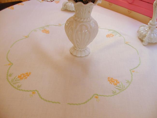 Really stunning tablecloth with hand-embroidered yellow hyacinth