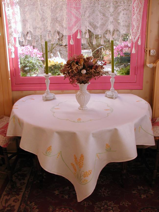 Really stunning tablecloth with hand-embroidered yellow hyacinth