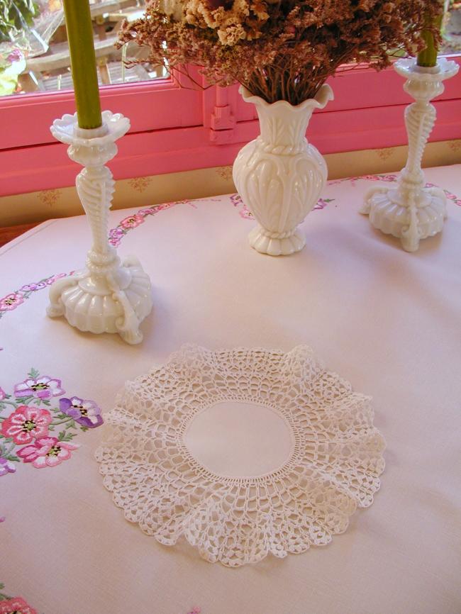 Charming hand made round doily with crochet lace